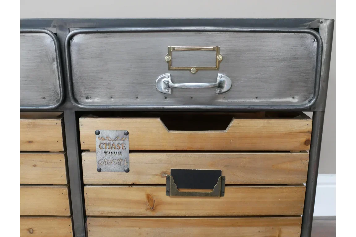 Industrial storage cabinet with metal and wood drawers, metal handles, label holders
