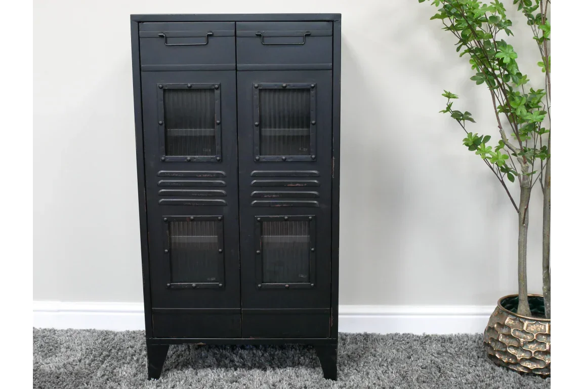 Black metal storage cabinet with glass panel doors and drawers, industrial style