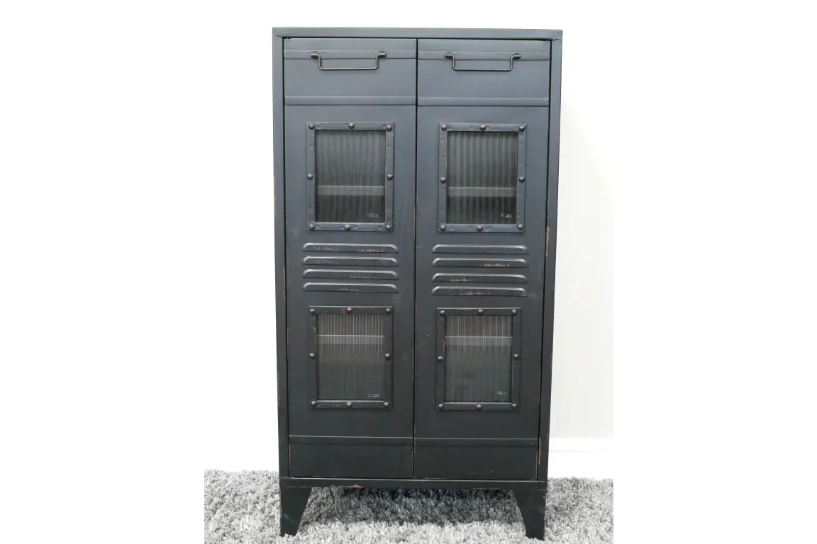 Black metal storage cabinet with two doors and glass panel inserts on each door