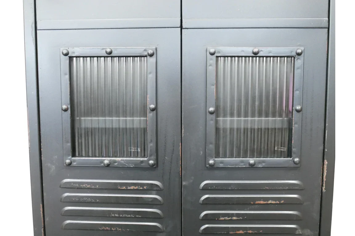 Industrial metal cabinet doors with ribbed glass panels and distressed black finish
