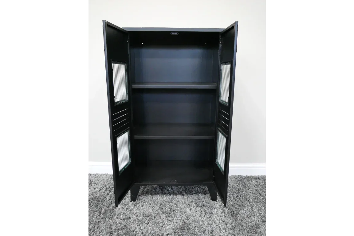 Black storage cabinet with glass panel doors and two internal shelves on grey carpet