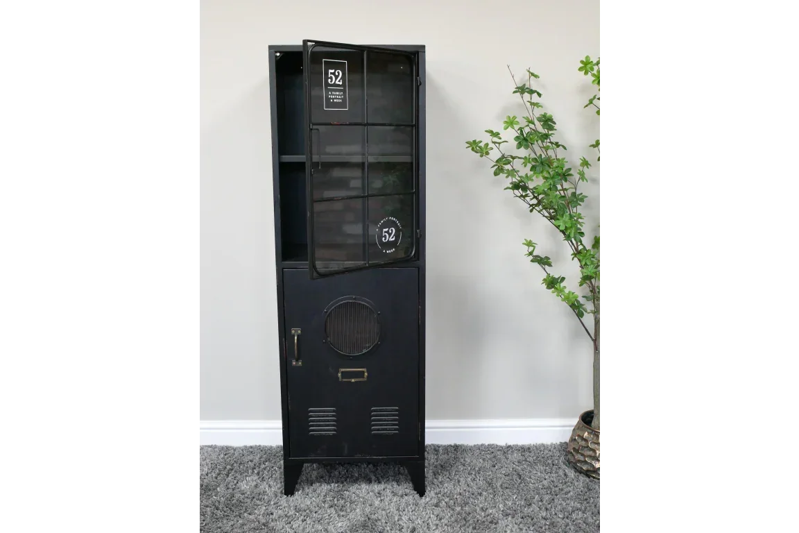 Black metal storage cabinet with mesh door, open shelving, and industrial detailing