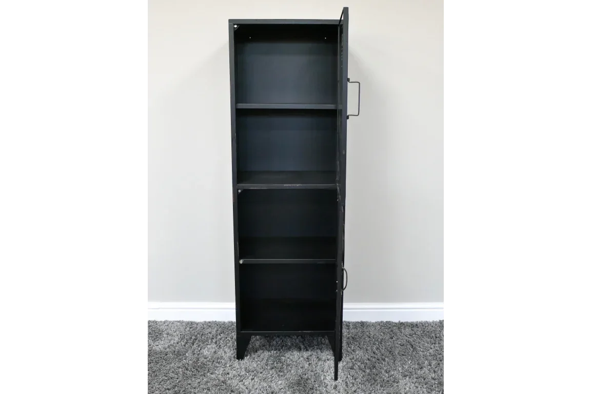 Black metal storage cabinet with four open shelves and partially open door on grey carpet