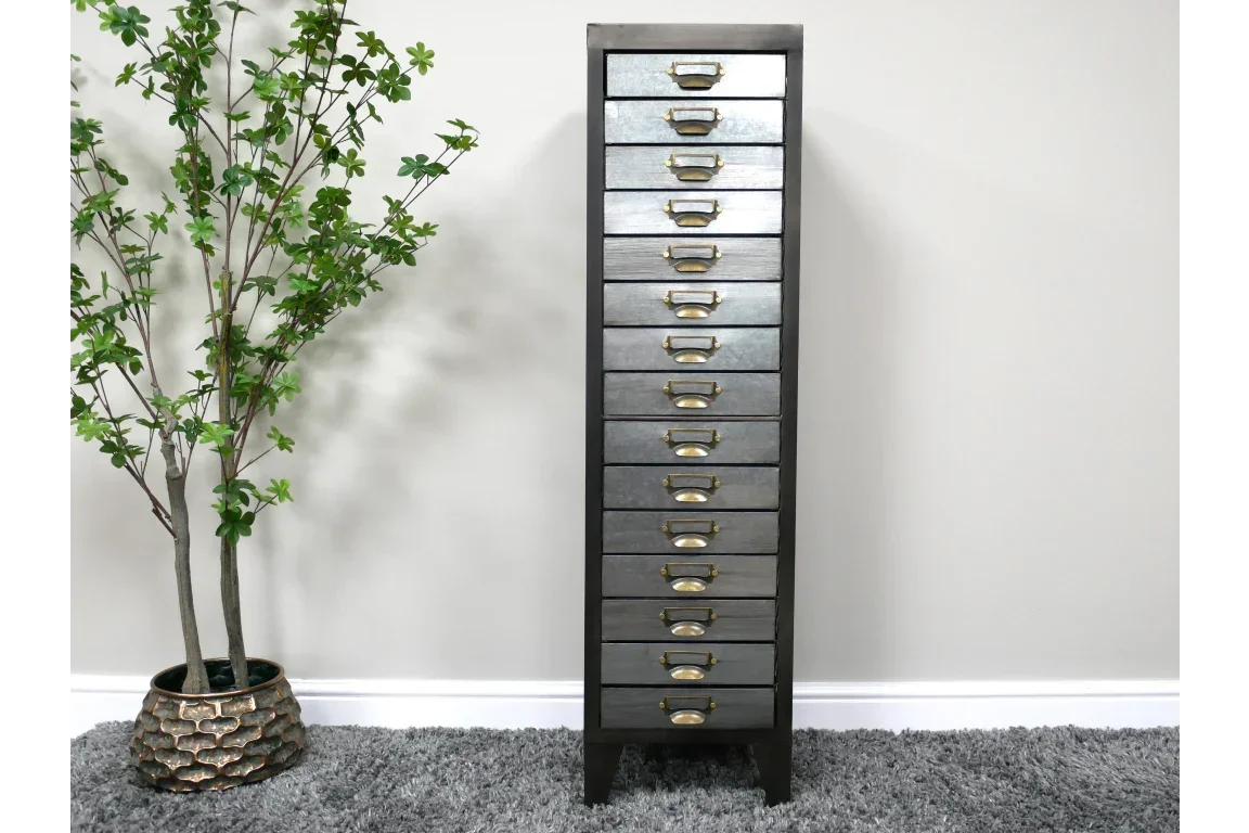 Tall metal chest of drawers with 12 compartments, industrial storage unit on grey carpet