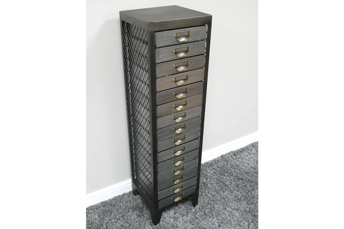 Tall industrial storage chest with multiple dark wood drawers and metal mesh sides