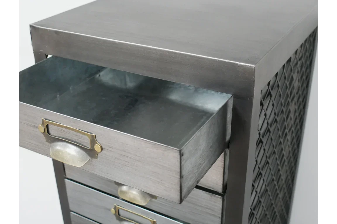 Metal storage cabinet with open drawer, brass handle and textured side panel