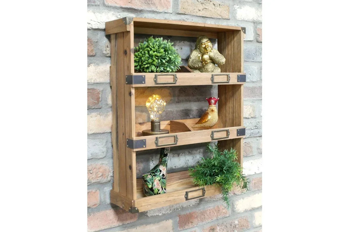 Rustic wooden wall shelf with metal accents, displayed with plants and decorative ornaments