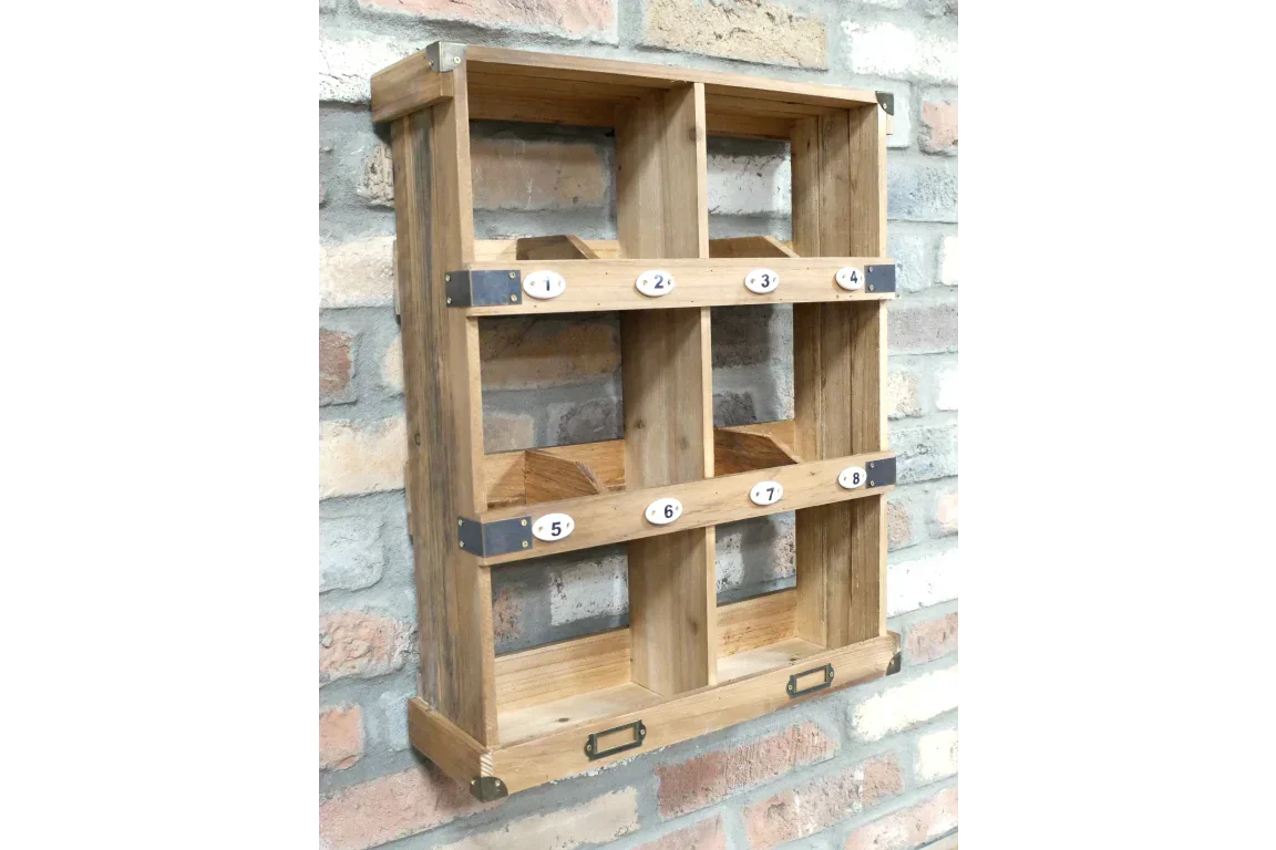 Wall-mounted wooden storage rack with eight numbered compartments and metal corner accents