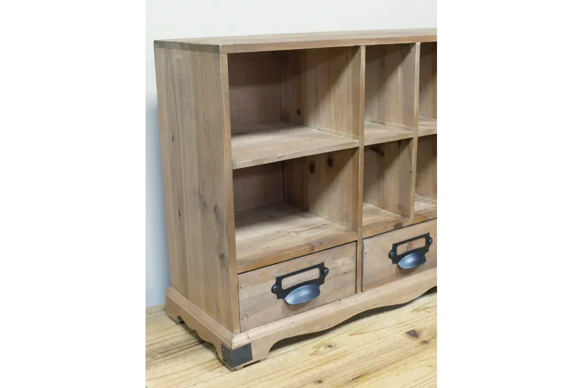 Wooden storage unit with open cube shelves and two drawers, metal handles visible, side angle