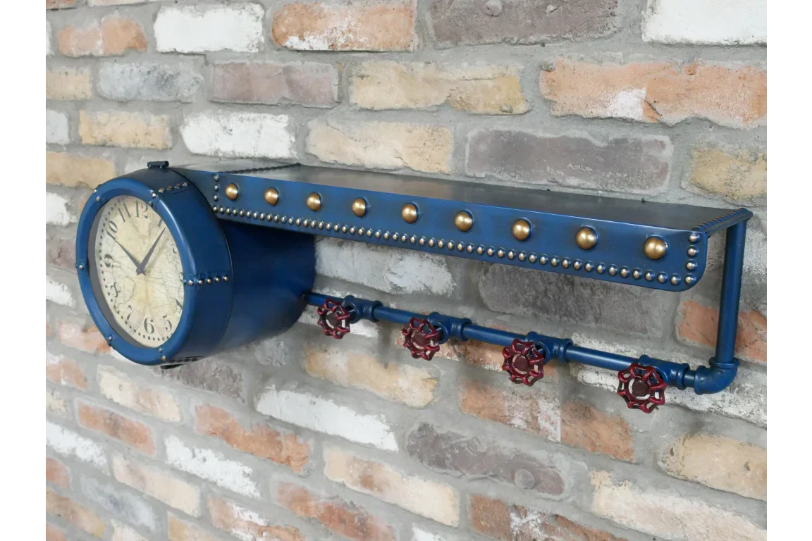 Industrial wall clock blue metal frame with red valve accents and gold rivet shelf detail
