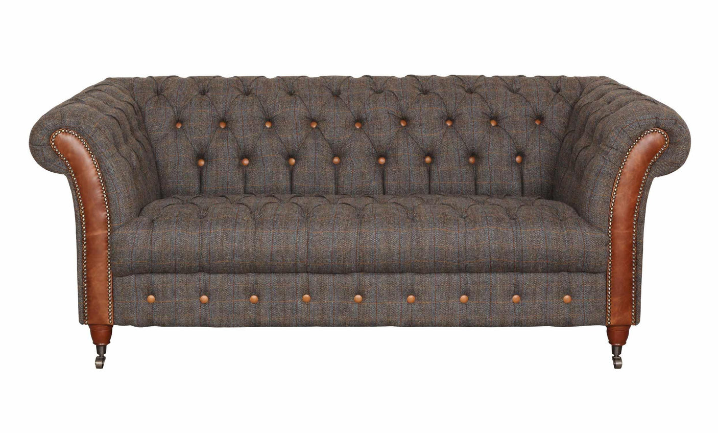 Brown tweed chesterfield sofa with button tufting and leather rolled arms, front view