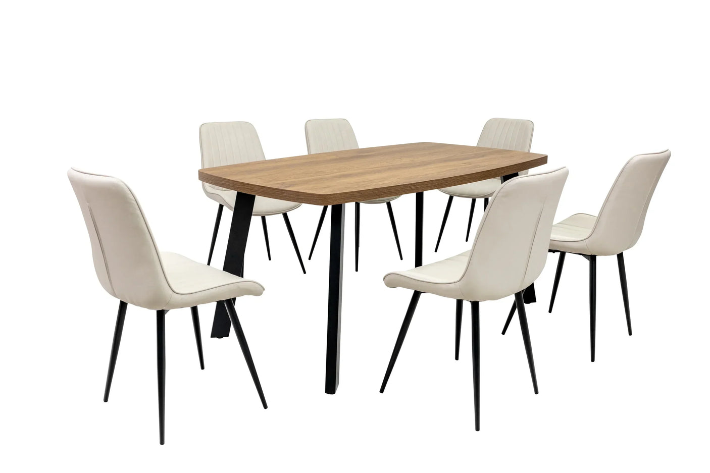 Rectangular wood dining table with six cream upholstered chairs and black metal legs