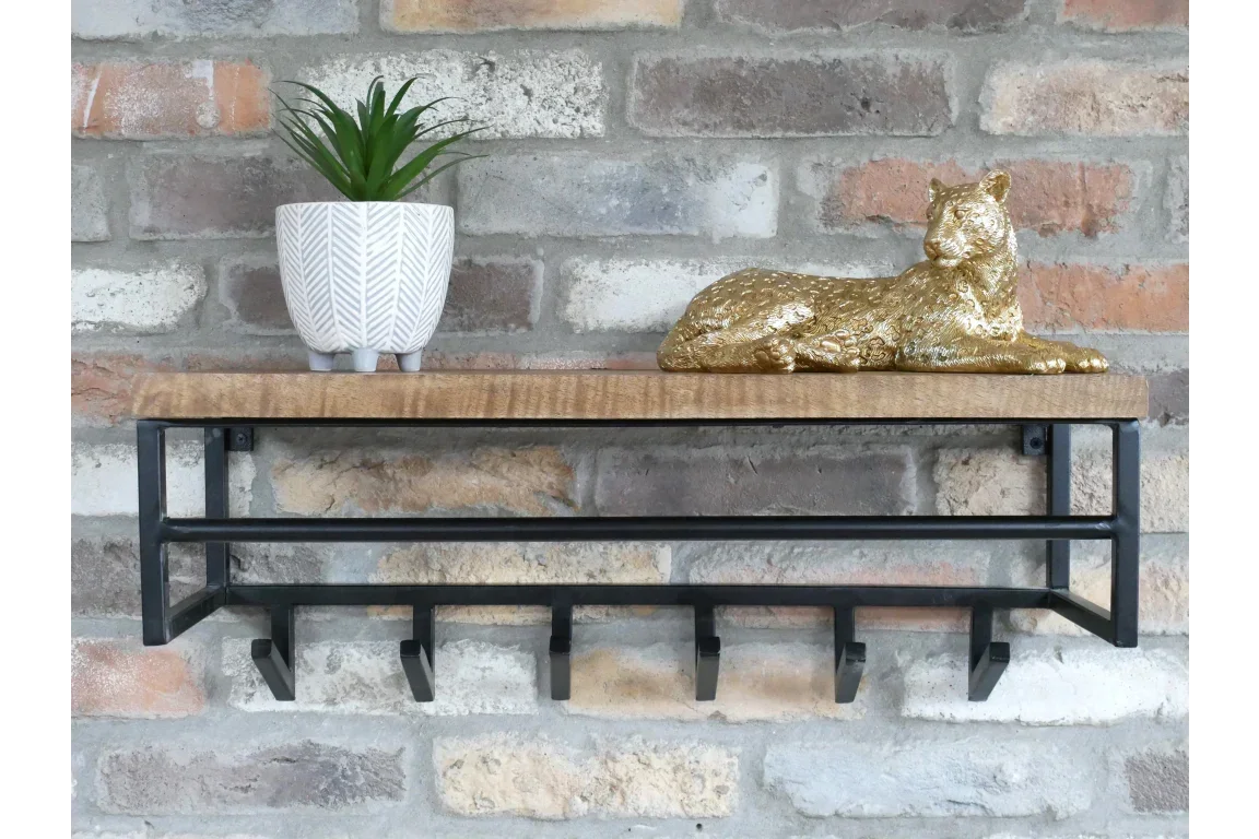 Wall mounted wooden shelf with black metal hooks, potted plant, and gold animal ornament