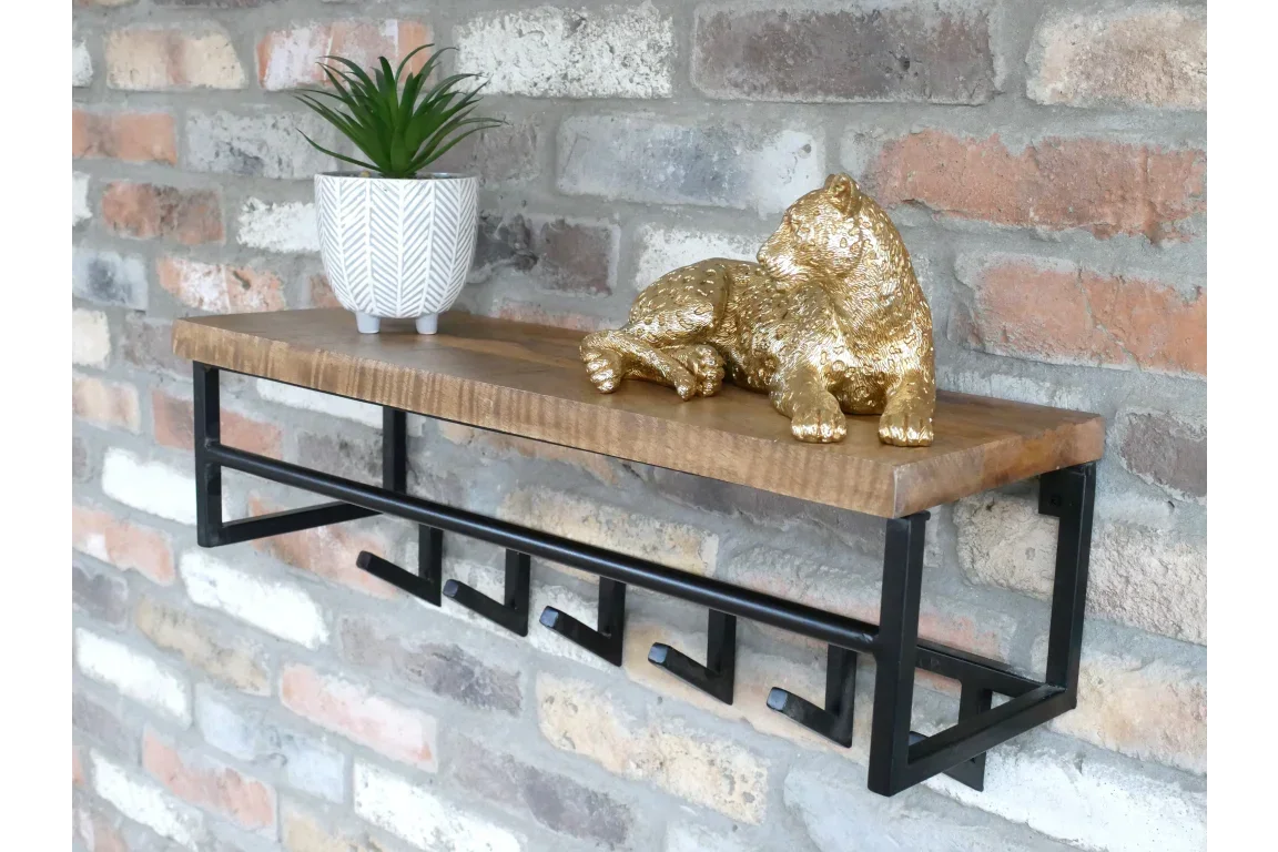 Wood and metal wall mounted coat rack with hooks, plant pot, and gold animal ornament