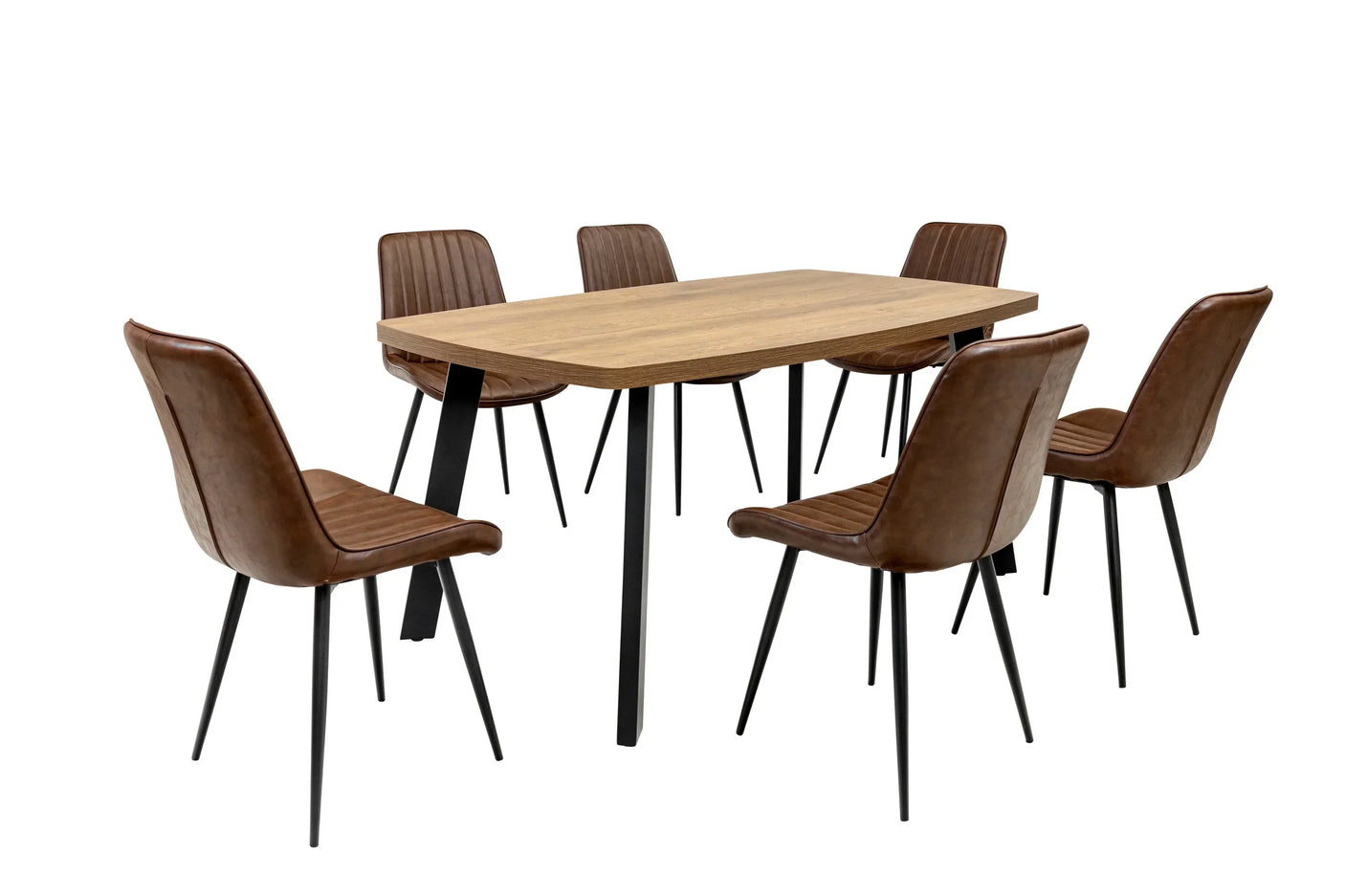 Rectangular oak dining table with six brown faux leather chairs and black metal legs