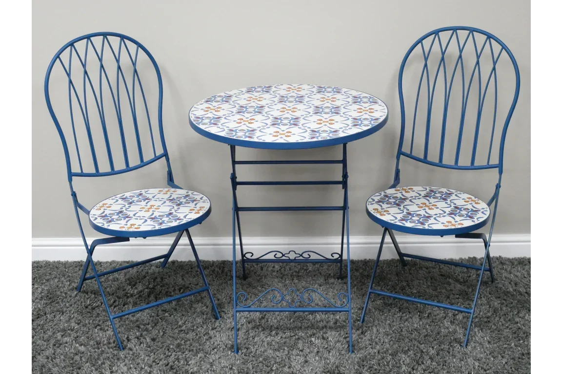 Blue metal bistro set with patterned ceramic table and two matching chairs