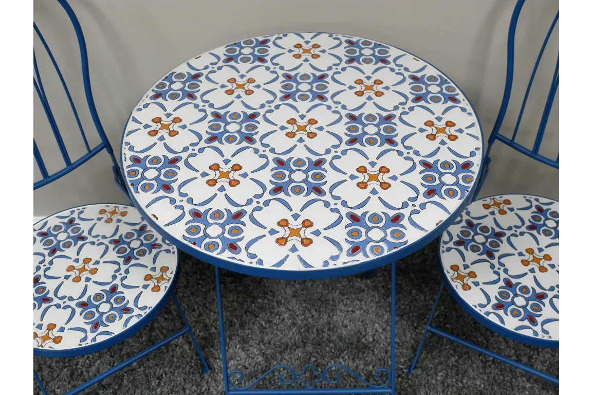 Blue mosaic bistro table and chairs set with decorative tile pattern on seats and tabletop