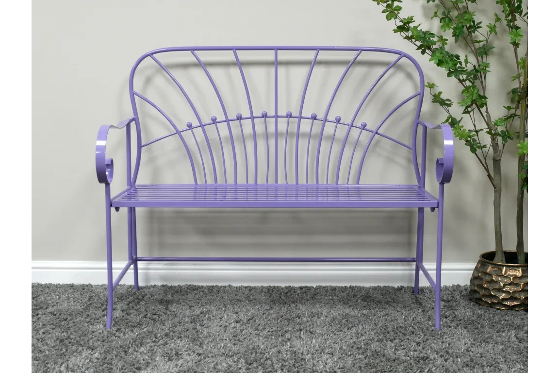 Purple metal bench with curved backrest and scroll arms on grey carpet