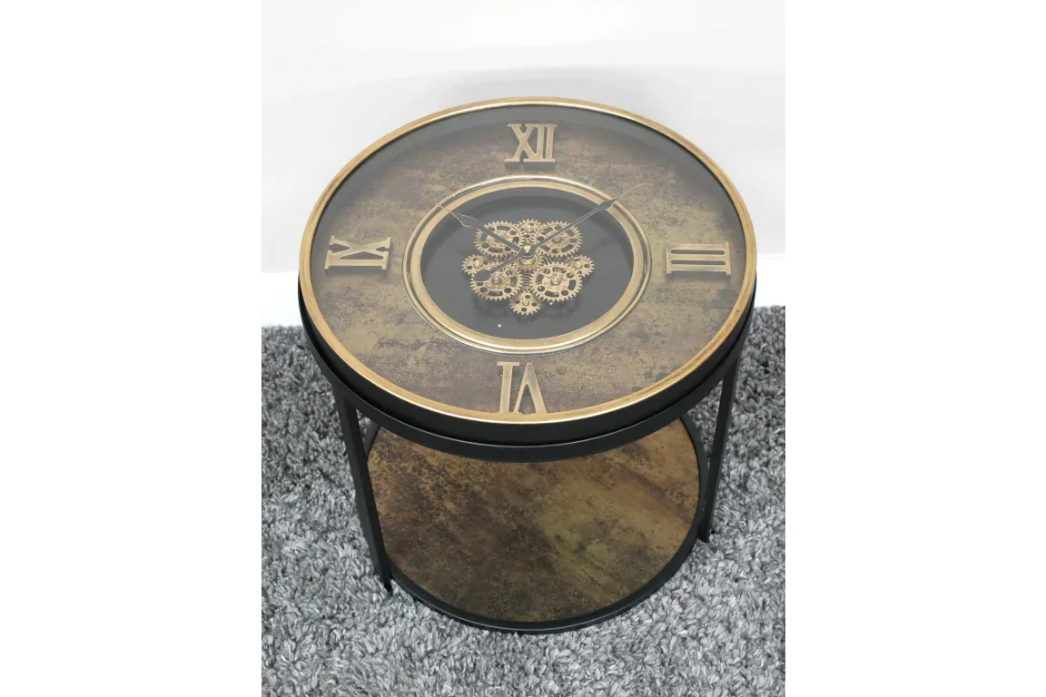 Round coffee table with clock face top, Roman numerals, gold gears and black metal legs
