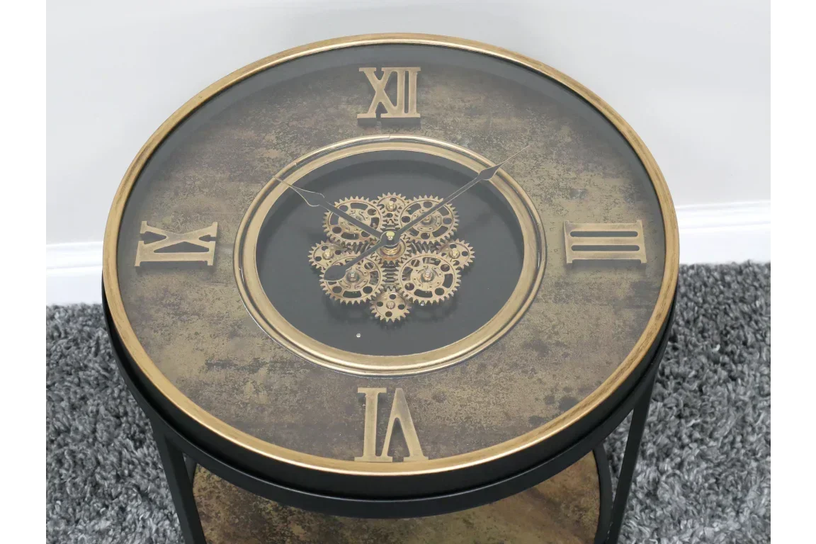 Round side table with glass top, visible clock face and gold Roman numerals, gear detail
