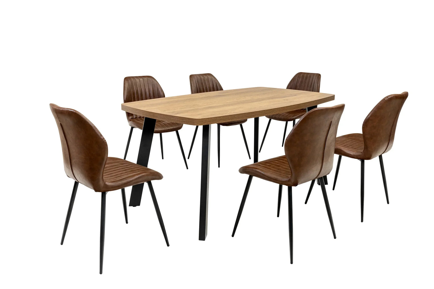 Rectangular wooden dining table with six brown faux leather chairs and black metal legs