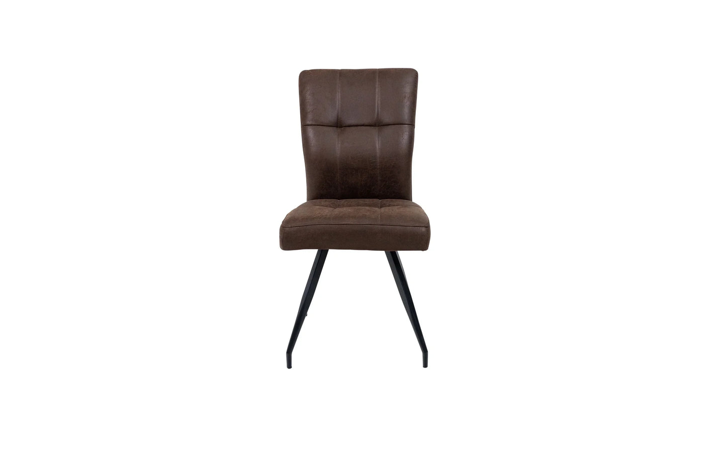 Brown faux leather dining chair with black angled metal legs, front view