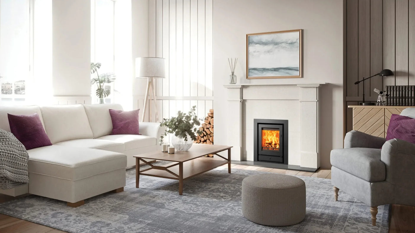Modern living room with cream corner sofa, grey armchair, wooden coffee table and lit fireplace