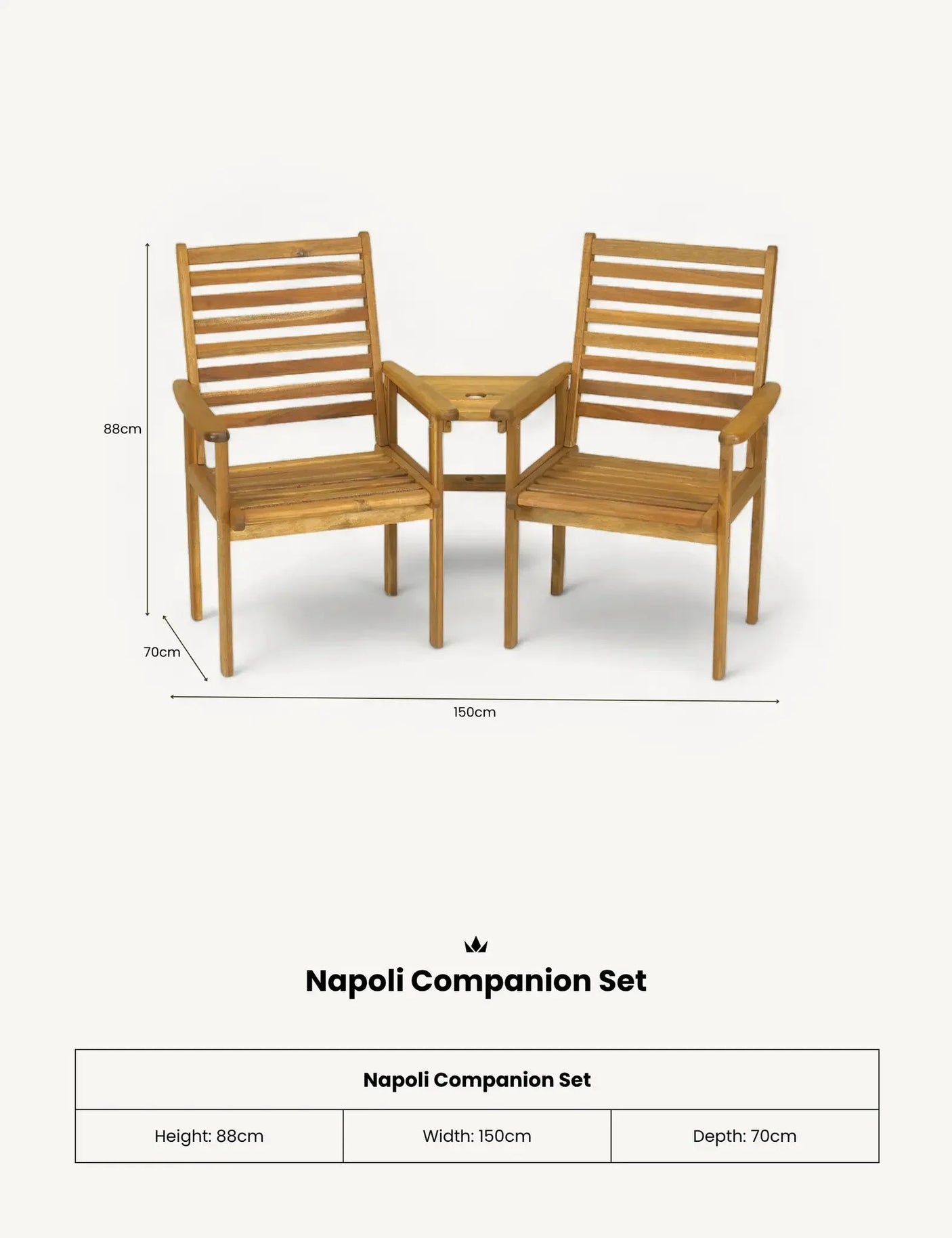 Wooden companion set with two slatted chairs and connecting table, garden furniture, front view