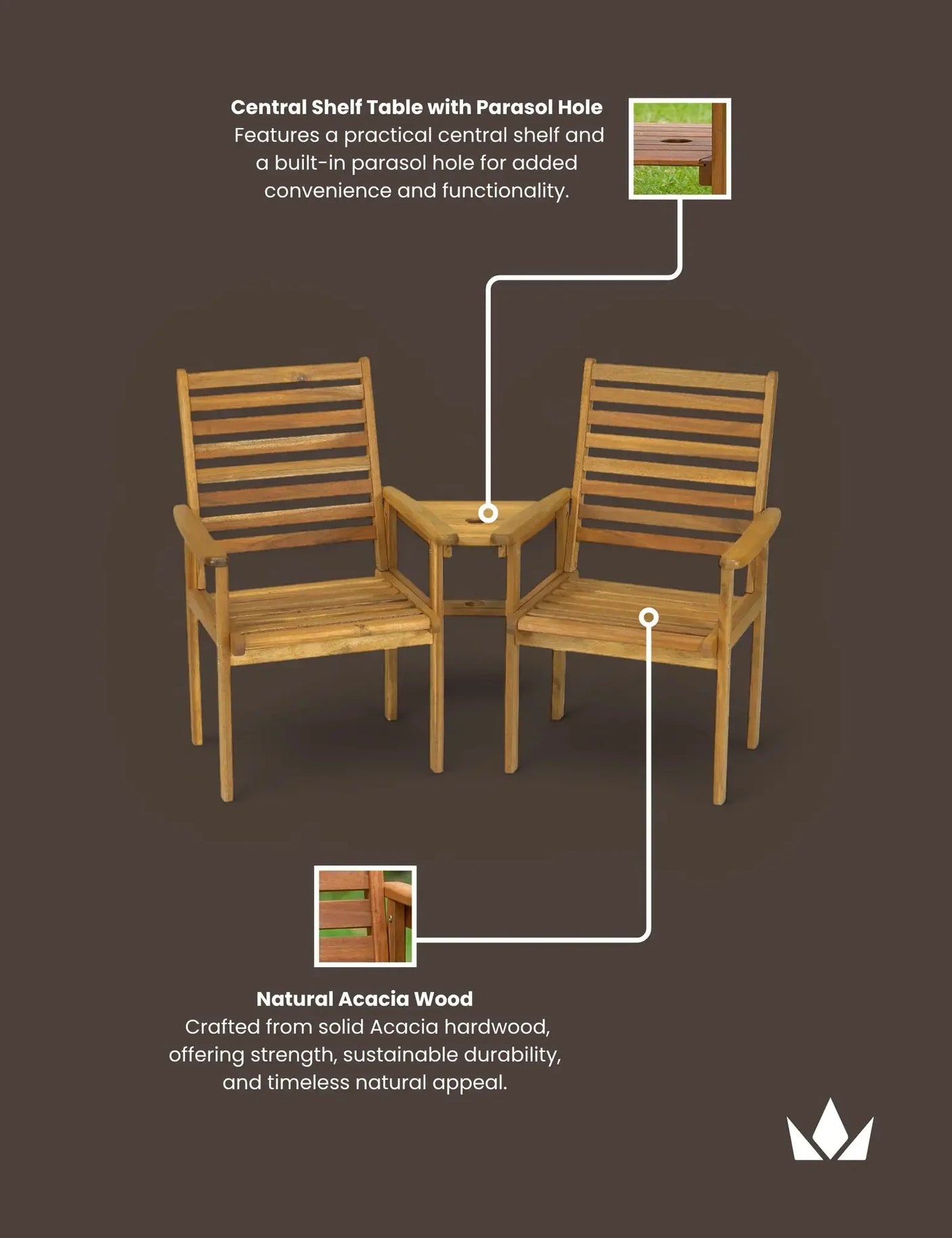 Acacia wood garden companion bench with slatted seats and central table with parasol hole
