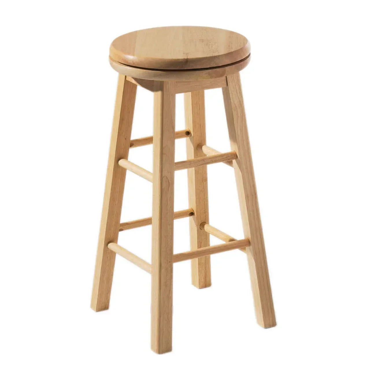 Natural wood bar stool with round seat and footrests, shown at full angle