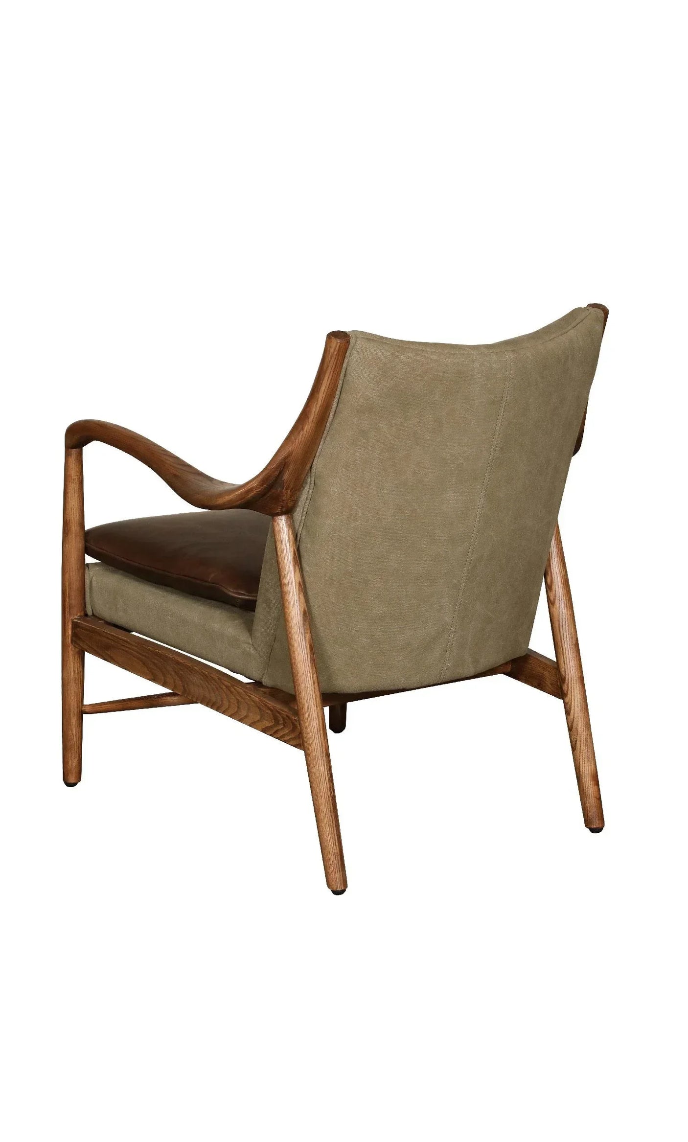 Mid-century armchair with curved wood frame and olive green upholstered backrest