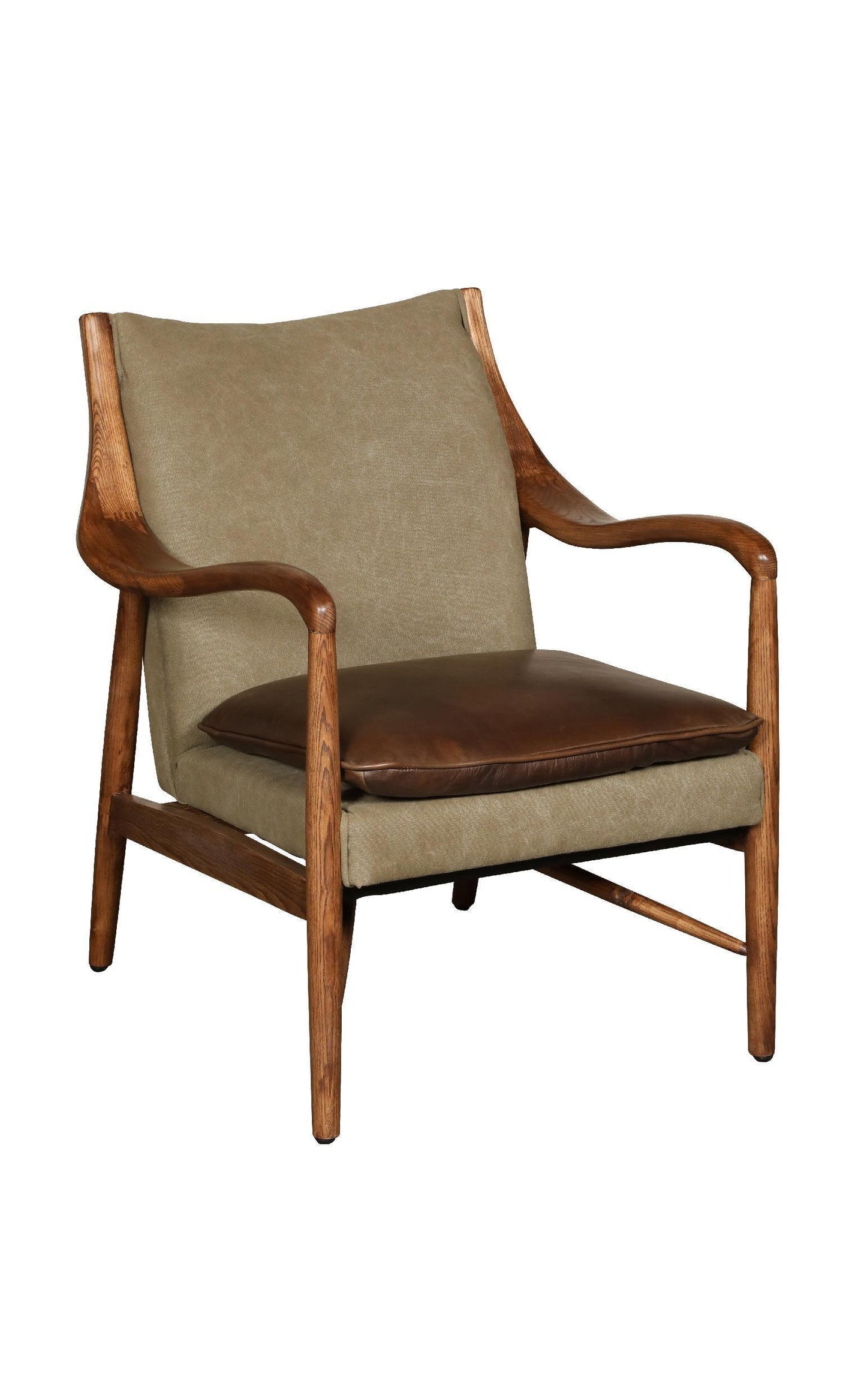 Wooden armchair with beige fabric backrest and brown leather seat cushion