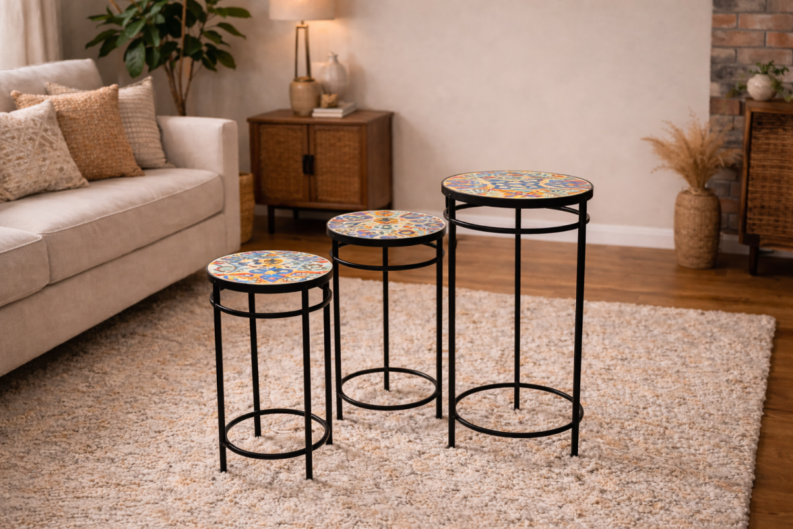 Set of 3 round side tables with colorful mosaic tops and black metal legs, displayed on a beige rug in living room.
