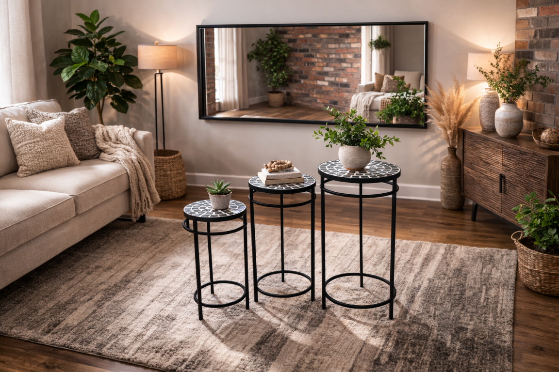 Set of 3 round side tables with black metal frames and mosaic tile tops, displayed in a cozy living room.