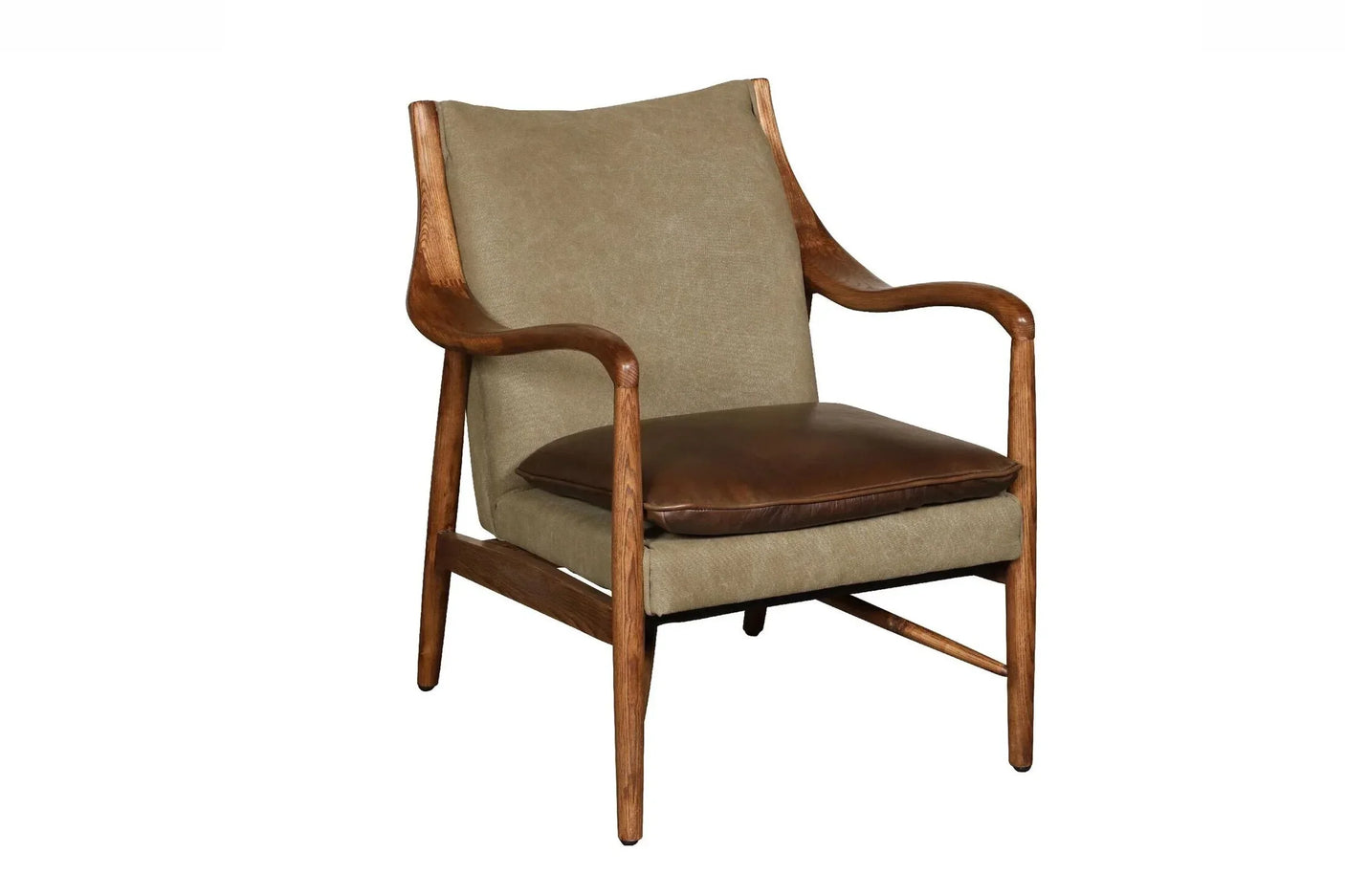 Wooden armchair with olive green fabric back and brown leather seat cushion