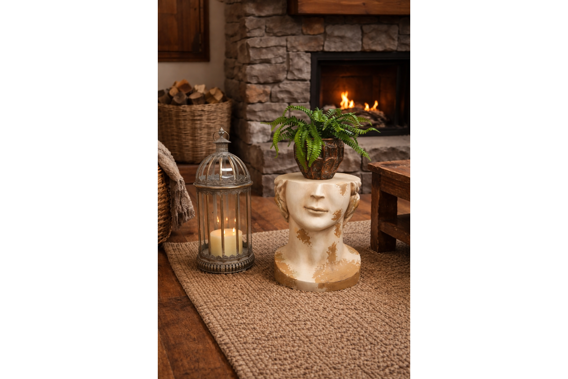 Cream and gold distressed ceramic Head Side Table shaped like a face, angled with a plant on top in cozy room setting.
