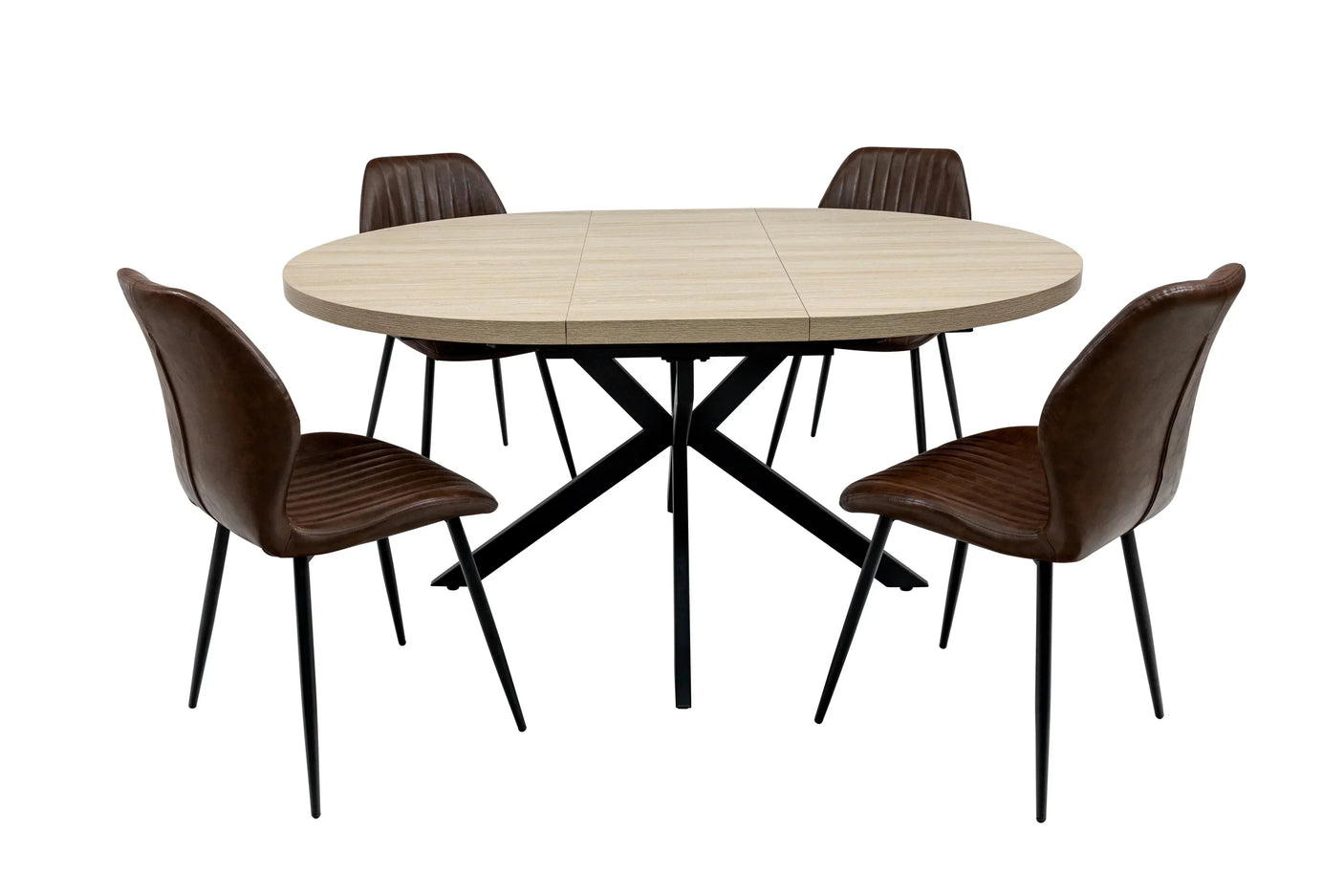 Oval wood dining table with four brown faux leather chairs and black metal legs