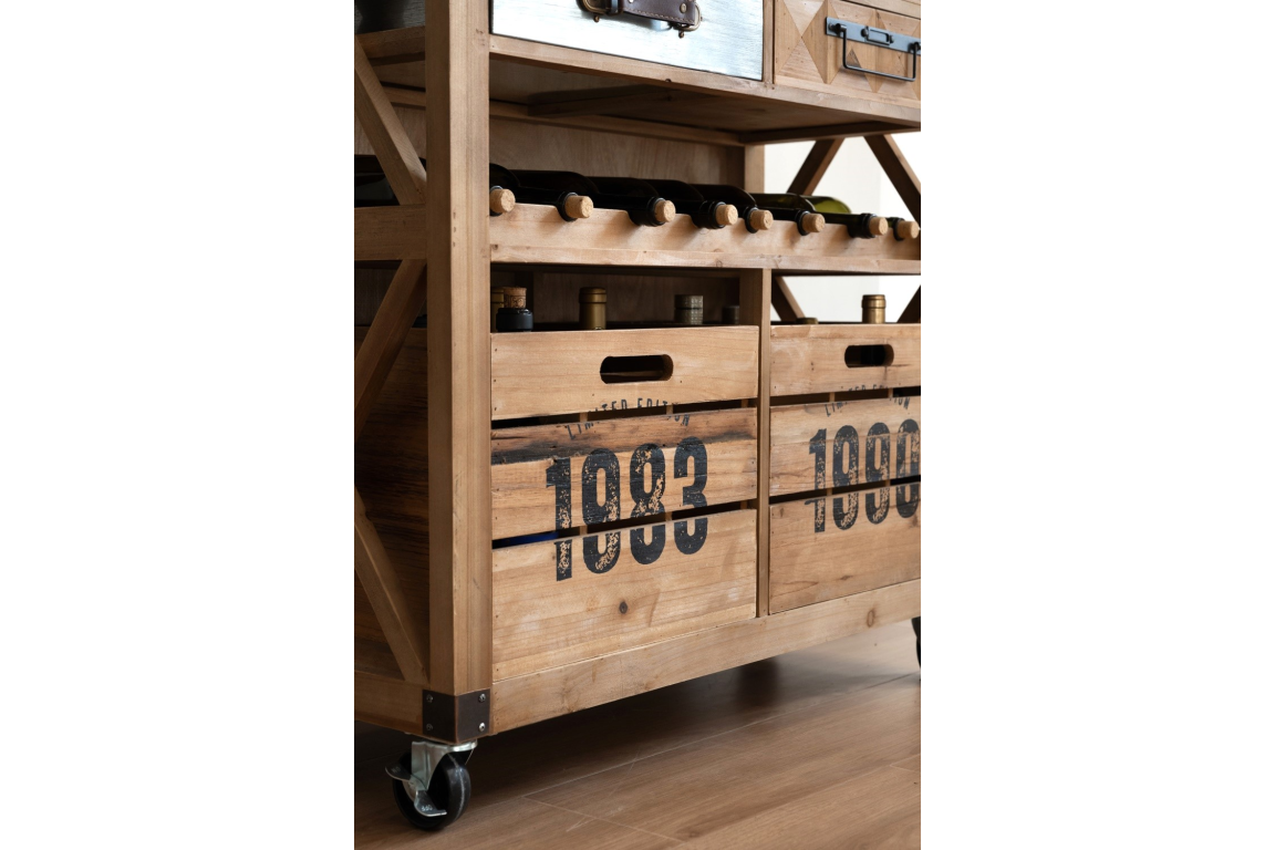 Light wood wine cabinet with storage crates marked "1983," horizontal bottle racks, and caster wheels, side angle view.