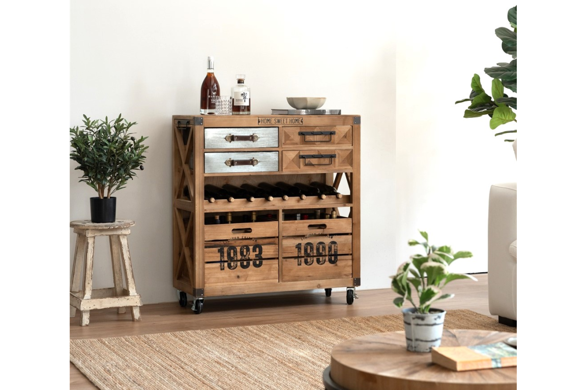 Rustic wooden wine cabinet with metal handles, bottle storage, and numbered lower drawers, shown from front angle.