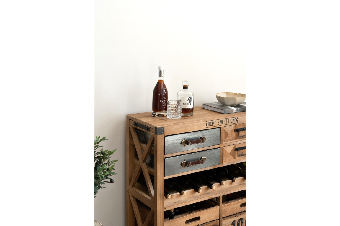 Wooden wine cabinet with metal drawer fronts, leather handles, wine bottle storage, top view with bottles and decor, angled