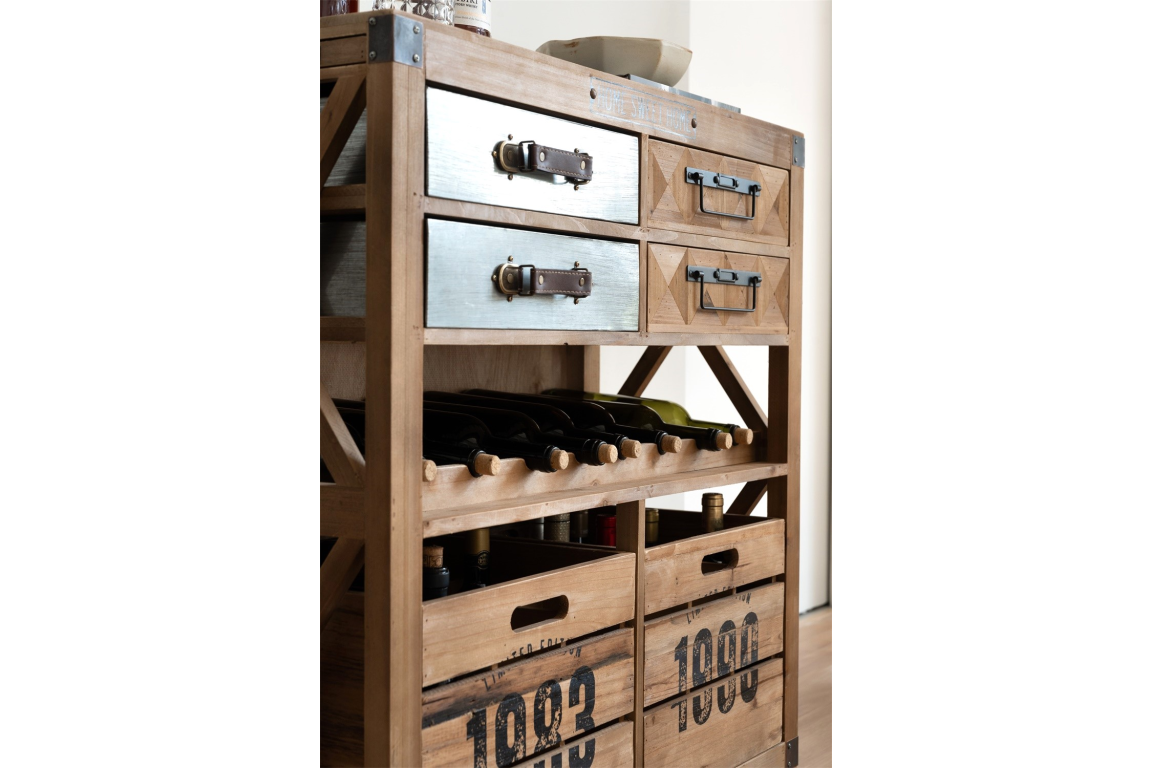 Wood and metal wine cabinet with four drawers, two wooden crates, and horizontal bottle storage, angled side view.