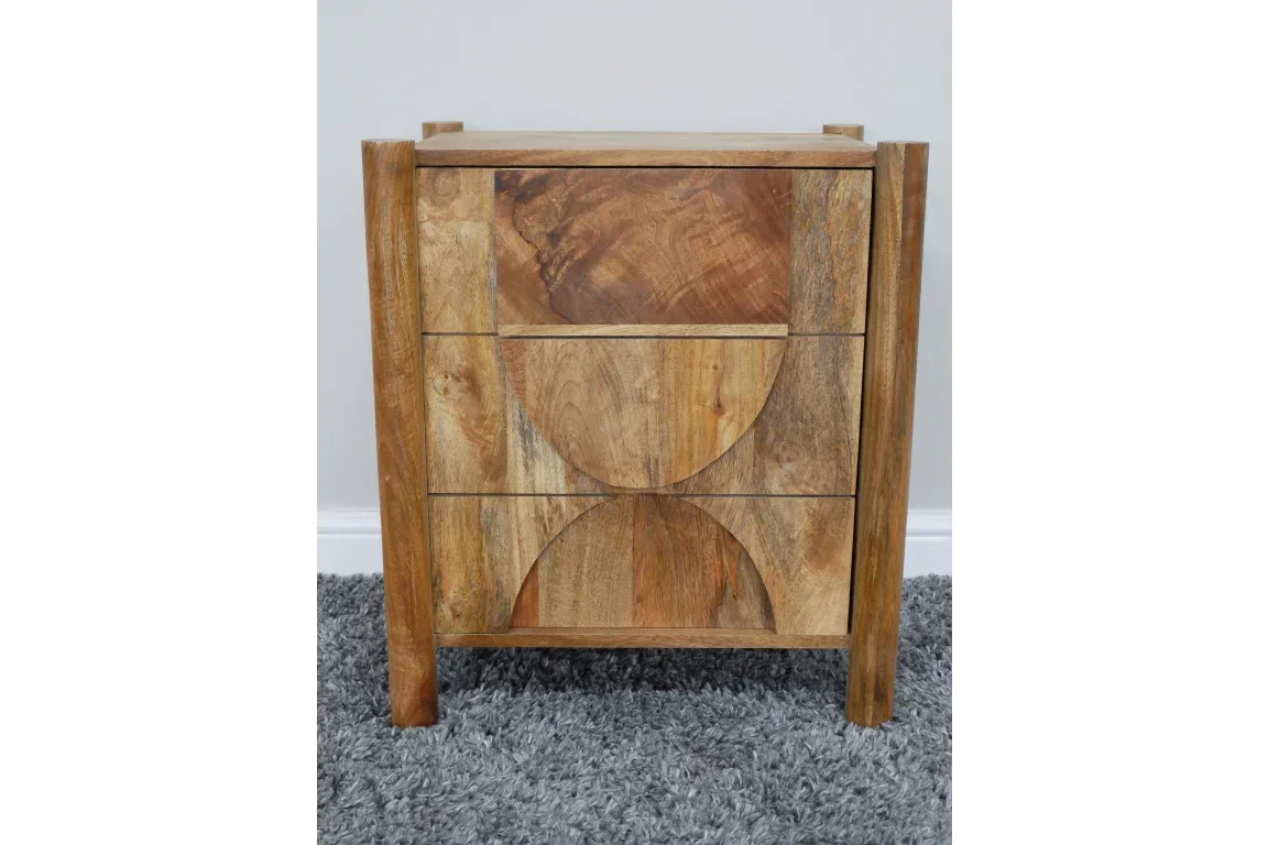 Mango wood bedside table with three drawers and geometric carved front design