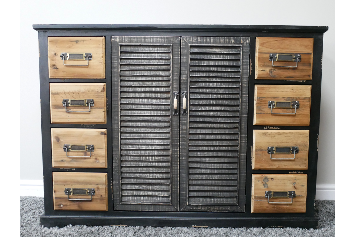 Shutter Sideboard with black frame, wooden shutter doors in center, and six natural wood drawers, front view.