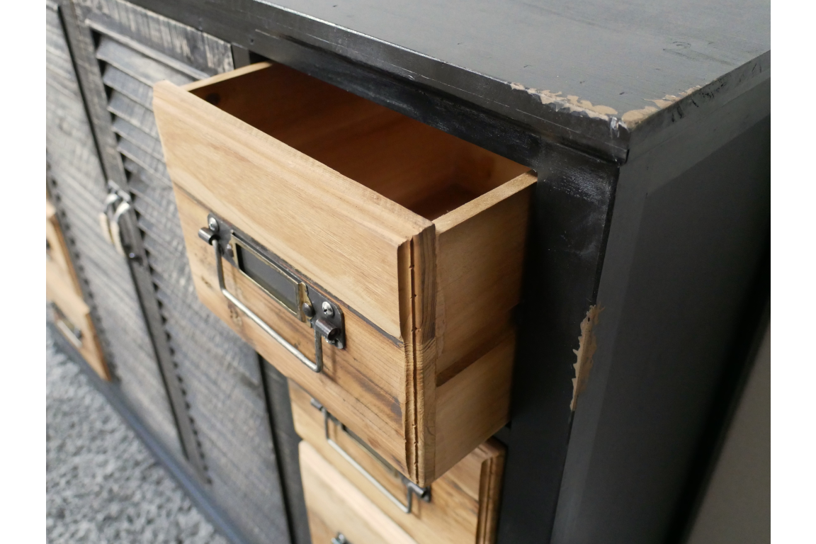 Shutter Sideboard with natural wood drawers and black painted frame, angled view showing open drawer and metal handles