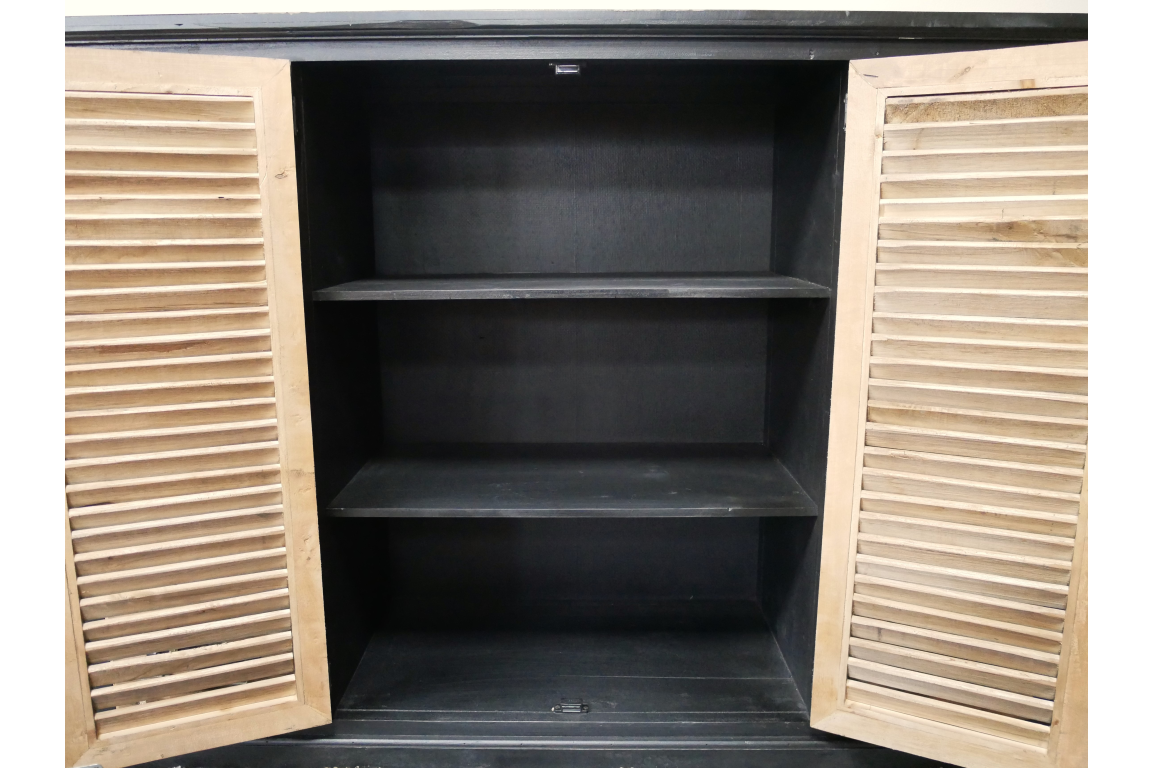 Wooden shutter door sideboard with black interior, two shelves, and open doors viewed from the front.