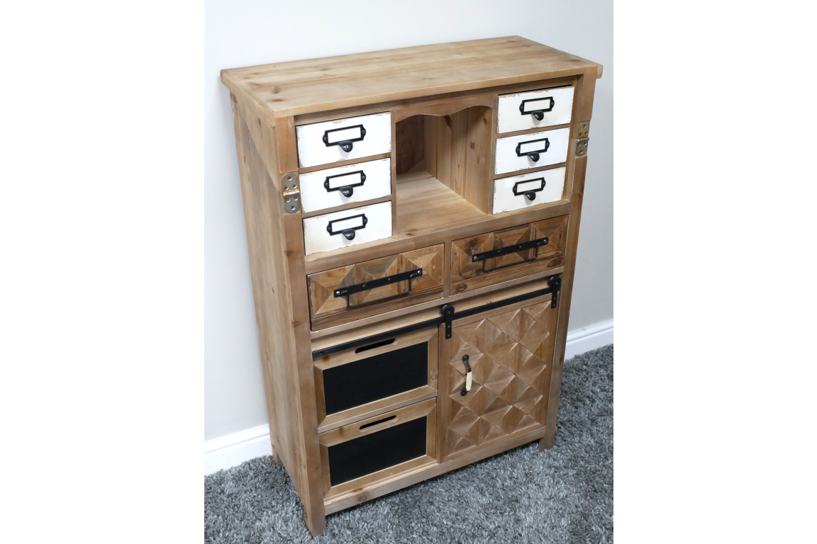 Rustic wooden cabinet with multiple drawers, white and wood finishes, black handles, and a textured door, angled view.