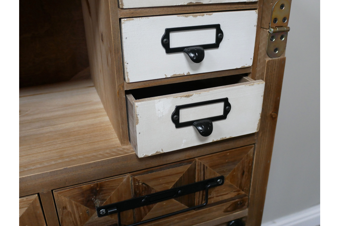 Rustic wooden cabinet with white distressed drawers, black metal handles, and a natural wood finish, shown from a side angle.
