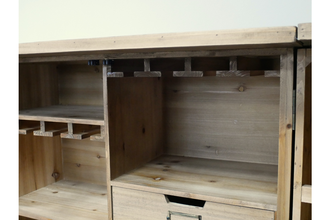 Light brown wooden Shutter Bar Cabinet with open shelves and glass holders, shown from a front angle.