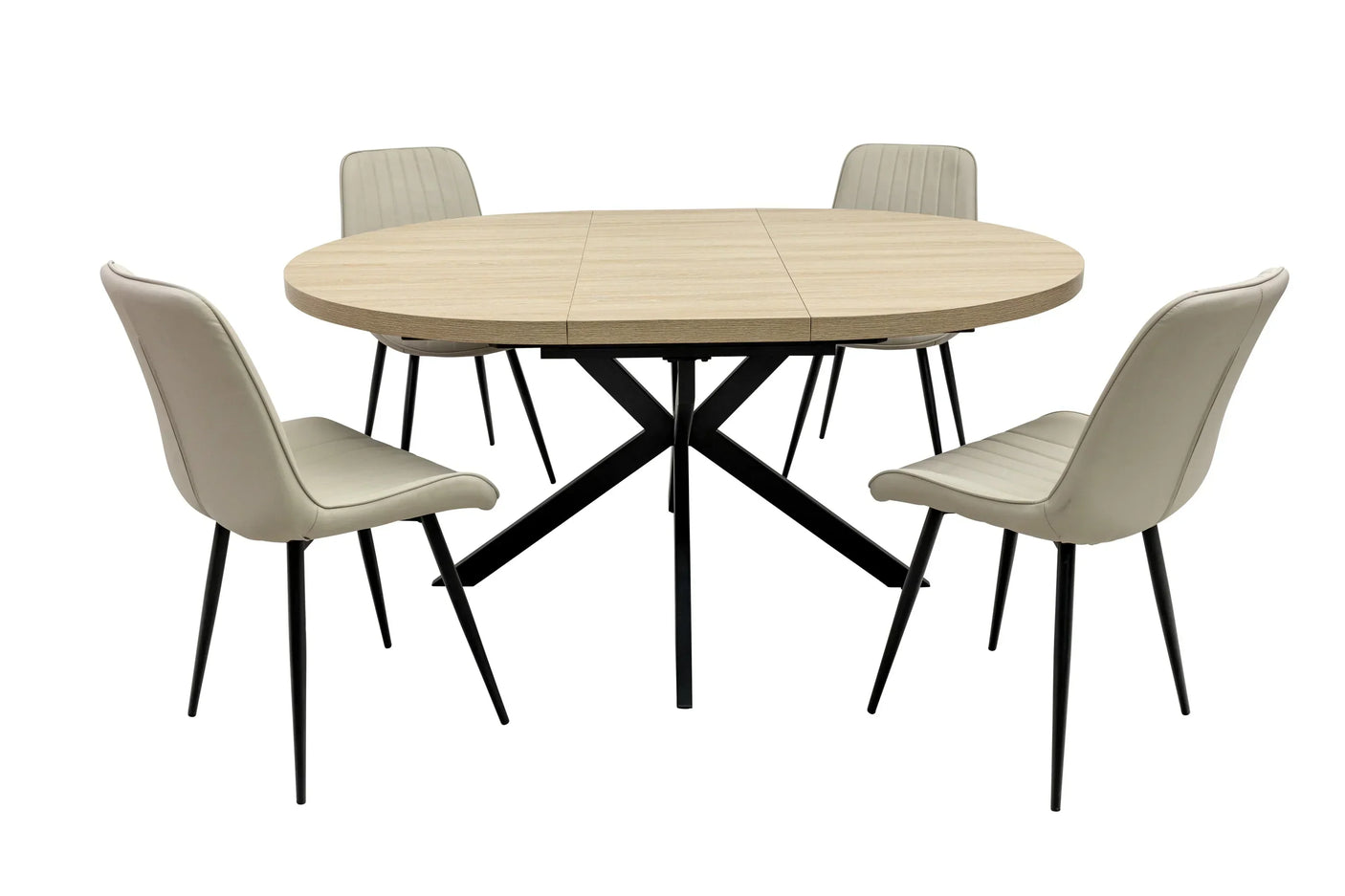 Light oak dining table with black metal legs and four cream upholstered chairs