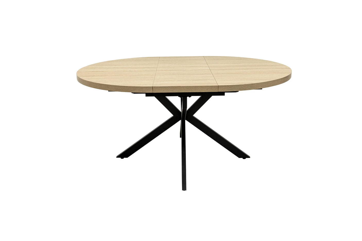 Round oak dining table with black metal legs and central support, front view